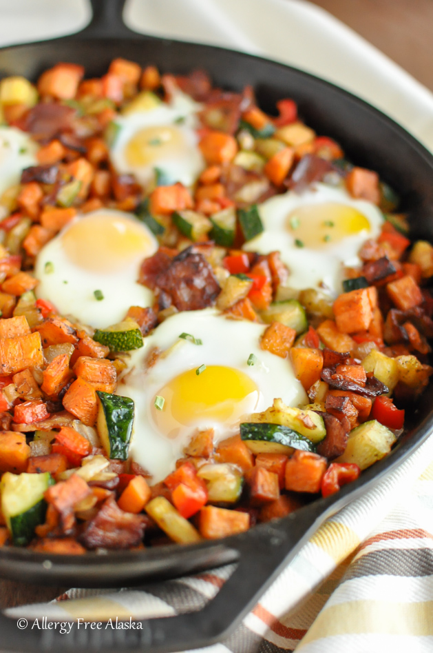 Skillet Fried Potato Hash with Bacon and Eggs